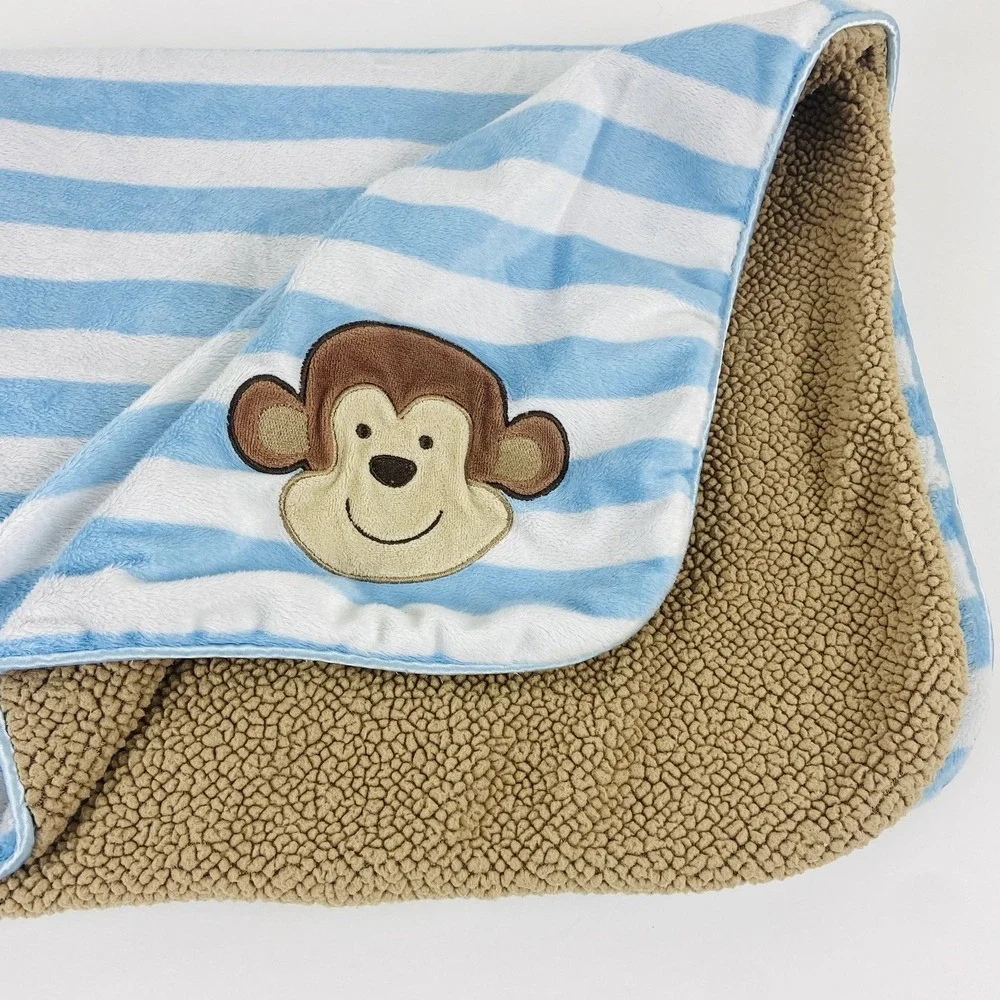 Just One You Carter's Monkey Baby Blanket Striped Blue Brown  Soft Sherpa